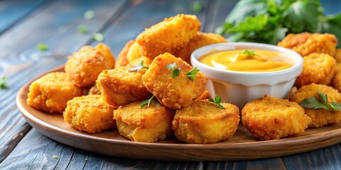 Fototapeta premium Close-up crispy nuggets with cheddar sauce in orange color