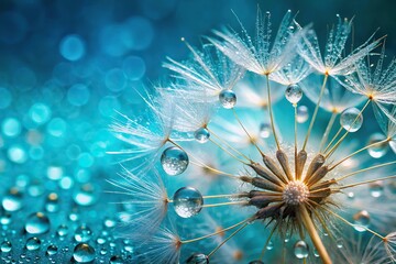 Close-Up Dandelion seeds with water droplets on blue and turquoise background in macro with soft focus in nature