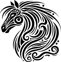 Obraz premium Black silhouette of a horse head in tribal style, outlined for emphasis. This abstract design symbolizes strength and freedom. Perfect for ethnic and symbolic designs.