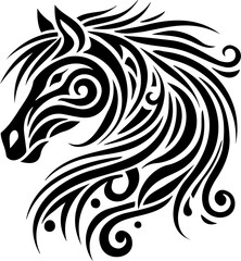Fototapeta premium A symbolic tribal horse head in black silhouette, outlined in bold lines. The minimalist design captures the wild essence of the horse. Ideal for tribal and cultural themes.