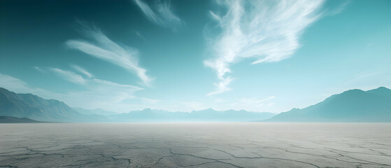Naklejka premium Vast desert landscape with cracked earth and distant mountains, minimalist composition