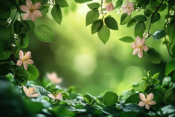 Fototapeta premium Delicate pink flowers blooming amidst vibrant green leaves in a serene garden setting