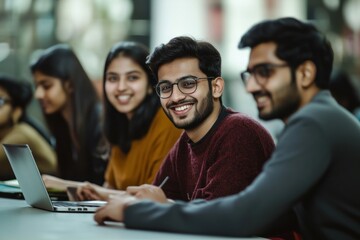 Fototapeta premium A group of international Indian students working laptop happy college.
