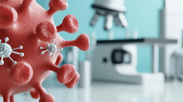 Targeted drug delivery via nanoparticles, nanoparticles binding to cells, with sterile lab equipment in the background, clean and well-lit scene