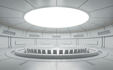 Fototapeta premium White futuristic conference room with chairs in a circle perfect for business and technology presentations 