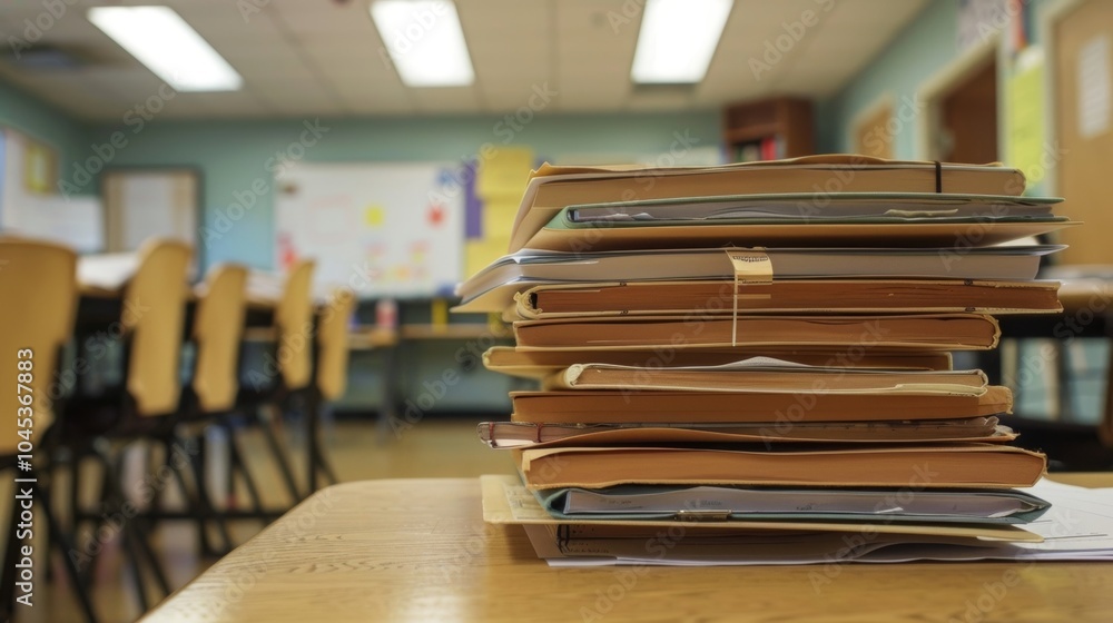 Poster empty classroom with a neat stack of books and papers on a desk, showing a dedicated teacher prepari