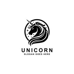 Fototapeta premium Unicorn Logo Design Vector In Luxury Style. Pegasus Horse With Long Horn Symbolize Mythological Creature Unicorn Icon Design