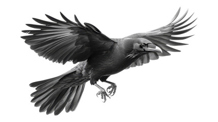 Obraz premium A black raven soars gracefully through the air showcasing its impressive wingspan against a neutral background during daylight.