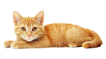 A playful orange tabby cat lying on its stomach with bright eyes and a curious expression during indoor leisure time.