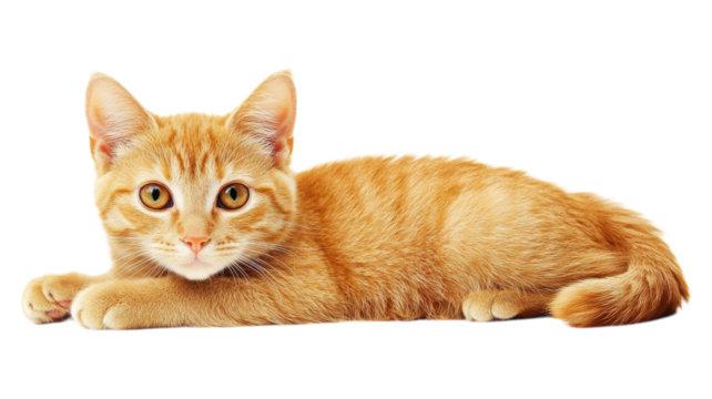 A playful orange tabby cat lying on its stomach with bright eyes and a curious expression during indoor leisure time.
