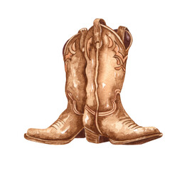 Watercolor cowboy boots. Hand painted rodeo theme design. Countryside living at Texas themed illustration. Leather ranch boots.