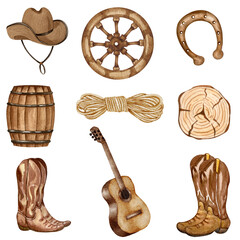 Wheel ,barrel with sunflowers and cowboy boots. Watercolor hand painted rodeo theme design. Countryside living at Texas themed illustration. Leather ranch boots.