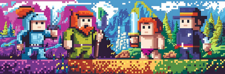 Pixel art characters in blue  green  and red  standing in a fantasy landscape  perfect for game design or retro-inspired projects   