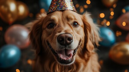 Dog celebrating birthday with decorations, cake, and party activities. Dog in 2024. Surrounded by friends and festive balloons. Ideal for pet-themed greeting cards.