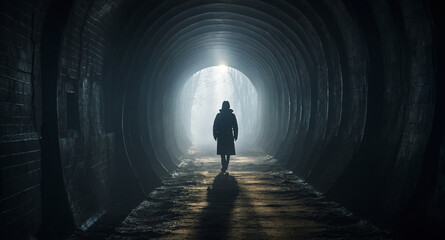 A view from inside a dark, misty tunnel.