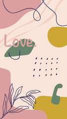 Abstract art featuring the word 'Love' with pastel green, pink, mustard shapes and linear designs, botanical leaf motif, conveying emotions and modern aesthetics.