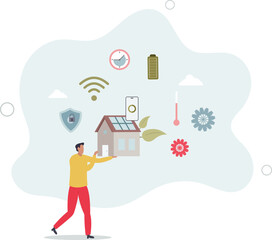 Cartoon hand with mobile app in phone monitoring system of building.flat characters.