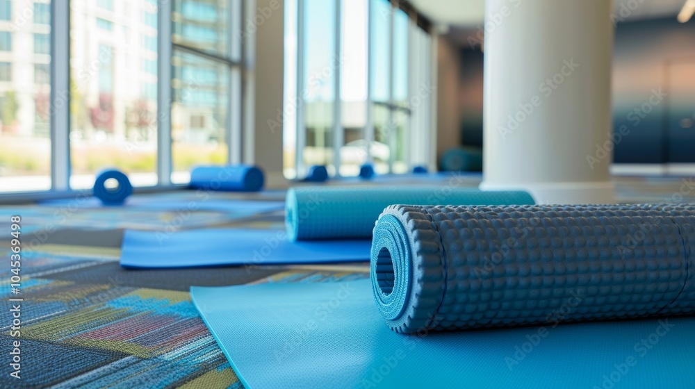 Poster blue yoga mats spread out in an empty gym, bathed in natural light from large windows, creating a se