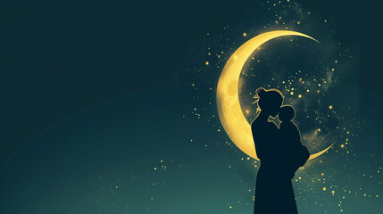 Fototapeta premium Silhouette of a Mom Holding a Baby Under the Crescent Moon at Night.