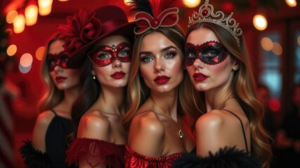 A group of four women poses closely together, each wearing elaborate masks and bold red lipstick. They are dressed in stylish evening attire. Christmas masquerade 