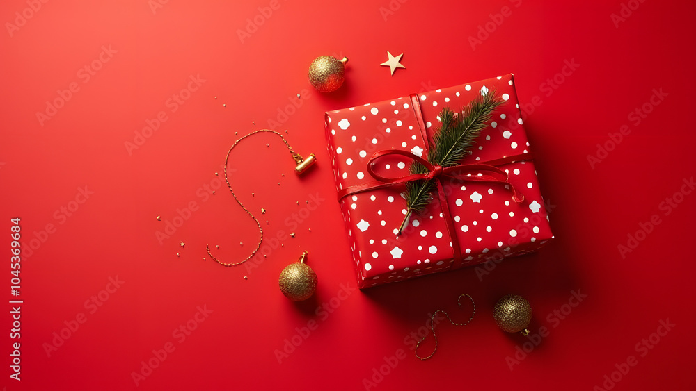 Poster Christmas gift box features festive decorations on a red background with flat lay and plenty of negative space.