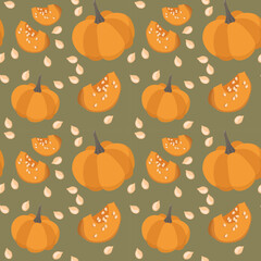 Seamless autumn pattern with pumpkins and pumpkin pieces