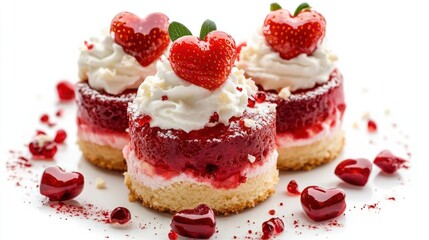 Romantic strawberry shortcake topped with whipped cream and heart-shaped decorations, isolated on white background