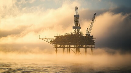 Obraz premium Serene Morning Fog Over an Oil Platform