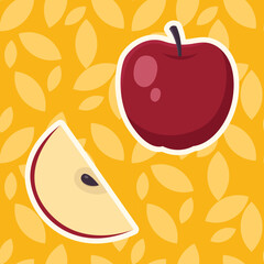 Illustration of an apple and a piece of it on an autumn background