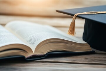 Open Book and Graduation Cap on Wooden Table