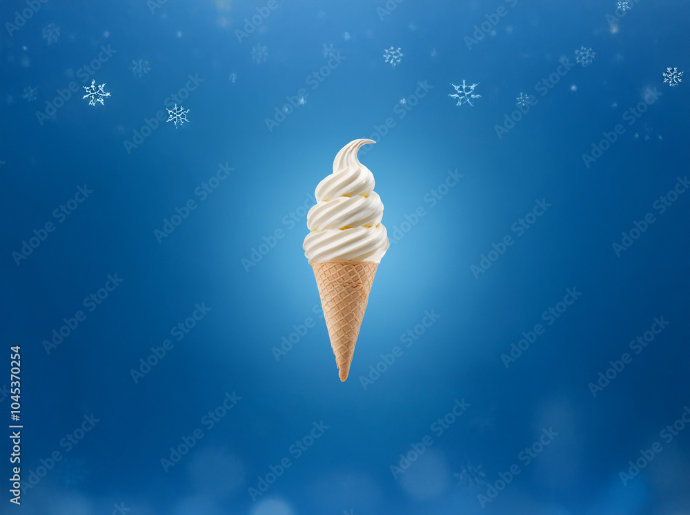 Poster soft serve ice cream in a waffle cone against a blue background.