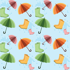 Seamless fall pattern with umbrellas in the rain