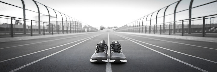 Black and white running shoes on a race track  representing motivation and athleticism   