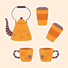 Set of cozy autumn stickers with cups and a teapot
