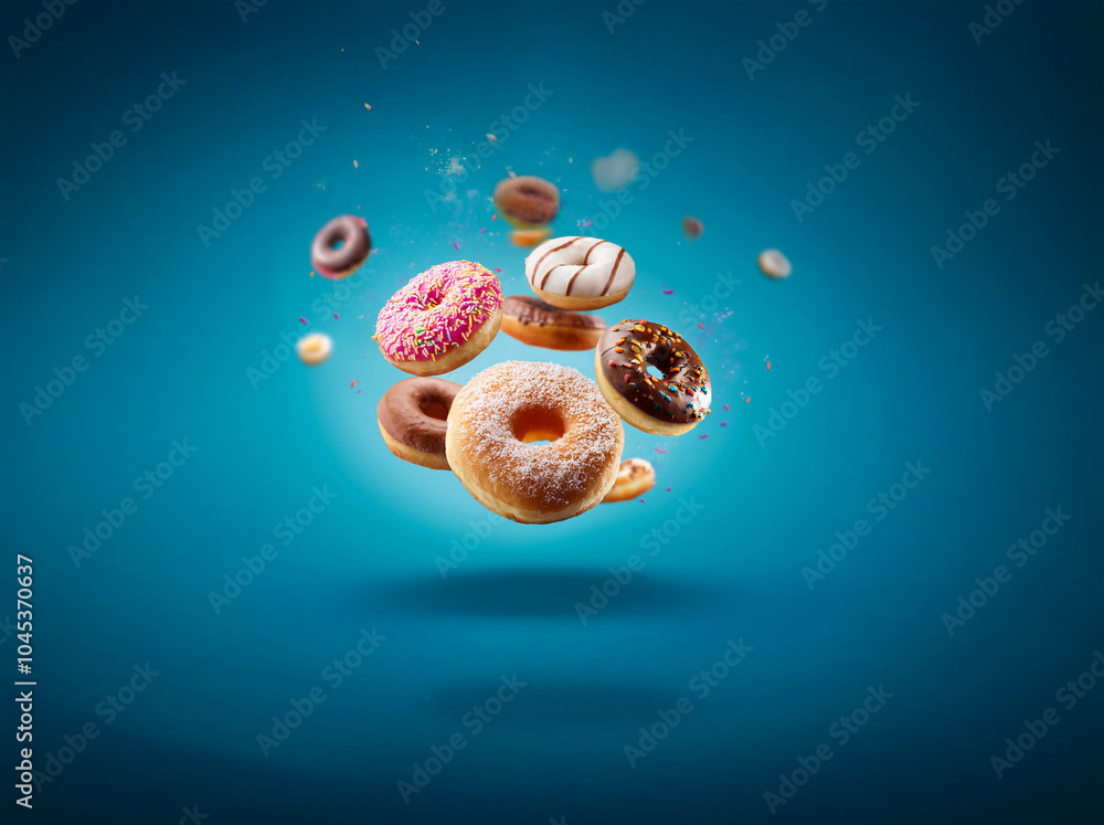 Poster assortment of assorted donuts with sprinkles and powdered sugar, falling on blue background.