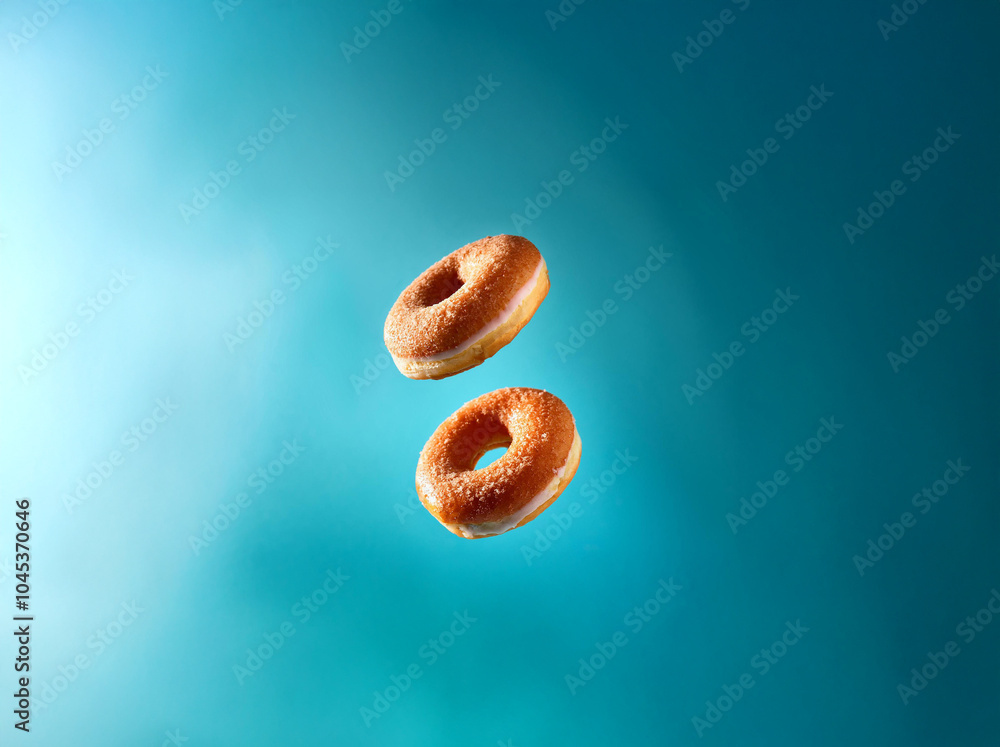 Poster two glazed donuts with sprinkles are floating in the air against a blue background.
