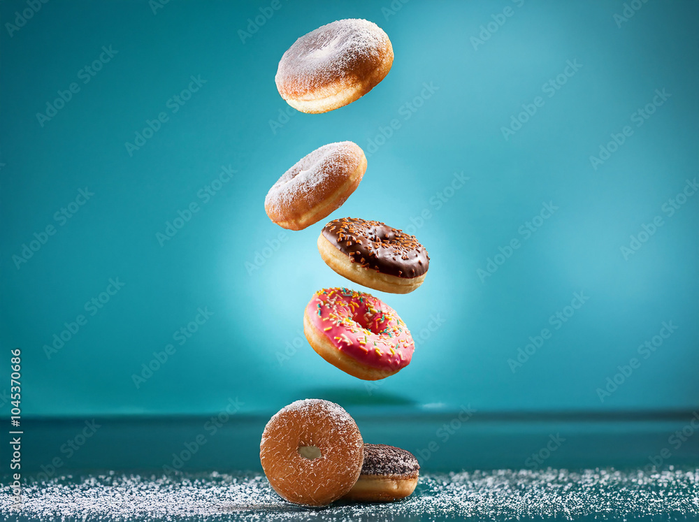 Poster three donuts of different flavors and toppings are floating in mid-air against a solid blue backgrou