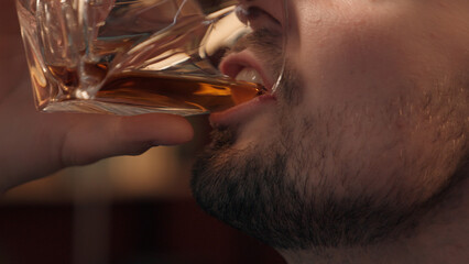 Close up happy laughing Caucasian drunk addict man male bearded businessman guy client customer...