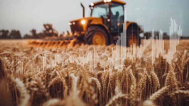 Combine Harvester in Wheat Field with Stock Market Graph, Agriculture and Commodity Trading Concept - Powered by Adobe