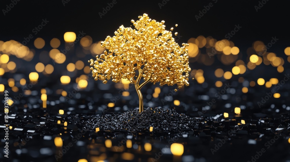 Poster golden tree surrounded by sparkling elements