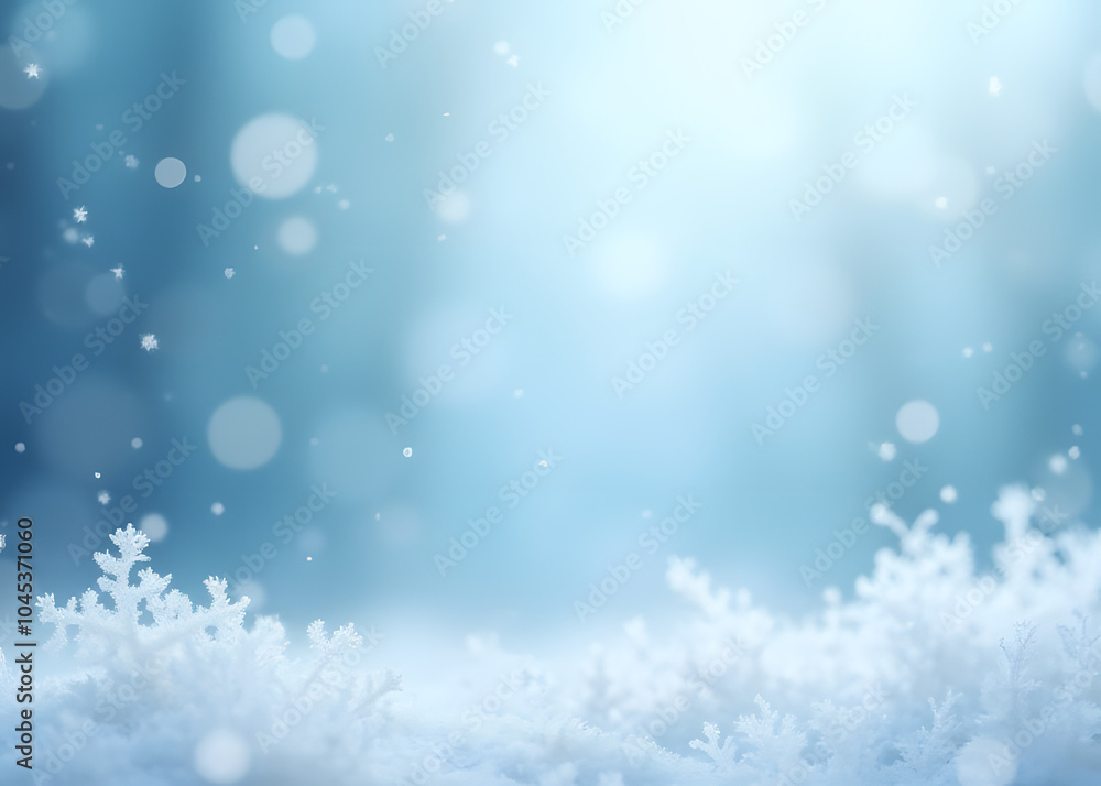 Poster Christmas colors create a serene winter scene with a soft abstract background of snowflakes and frosty whites in a calm blue tone.