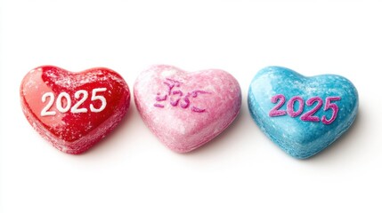 Valentine candy hearts with "2025" and sweet messages, isolated on white background