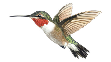 A detailed illustration of a hummingbird in mid-flight, showcasing vibrant colors and intricate wing patterns against a transparent background.