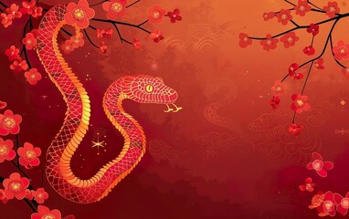 Obraz premium Spring Festival Poster. Chinese New Year decorations on bright red background, copy space. Hanging serpent snake, sakura. Oriental calligraphy authentic silk style banner. Yellow, red, gold colors.