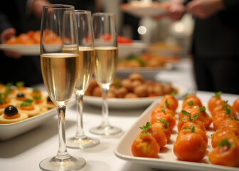 Champagne glasses and appetizers adorn tables at weddings with luxury catering serving food and drinks at various upscale celebrations.