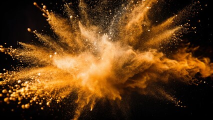 Orange dust particles explosion on a black background. Color powder dust splash.  Gold glitter powder splash background. Festive golden scattered dust particles. Magic mist glowing
