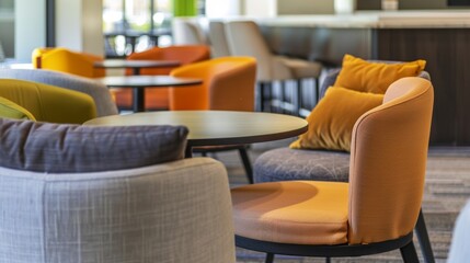 Obraz premium Comfortable colorful armchairs and a small round table creating a cozy atmosphere in a hotel lobby, inviting guests to unwind