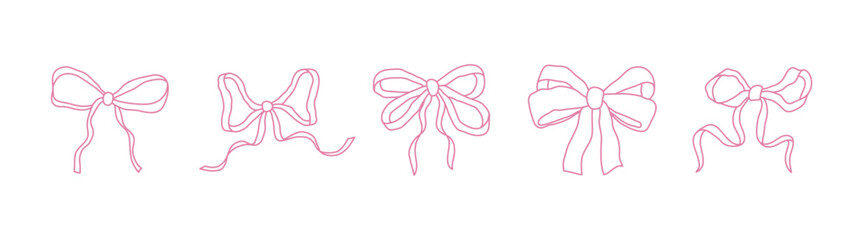 Pink bows and ribbons in coquette aesthetics. Monochrome сlip art graphic for greeting cards, wedding invitations, posters. Hand-drawn illustration.