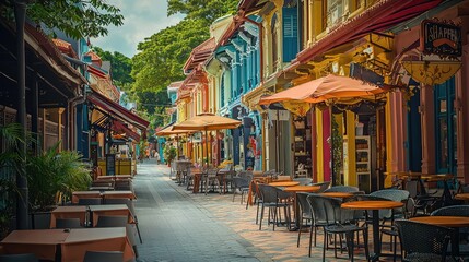 Fototapeta premium Vibrant Street Lined with Beautifully Designed Cafes