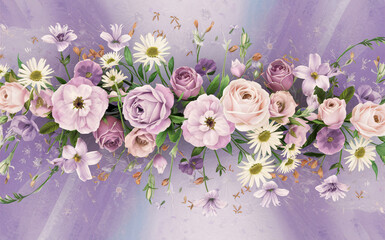 bouquet of flowers, artwork of small flowers line pink and white rose